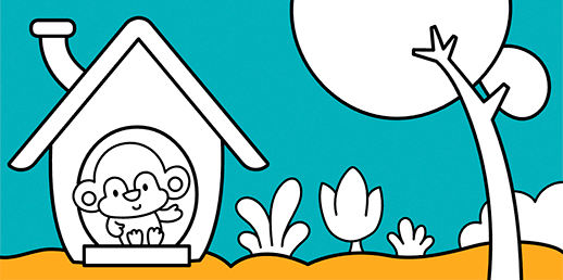 Dibujos infantiles para colorear en línea y gratis para niños de 2 a 5 años y bebés: El monito y su casa